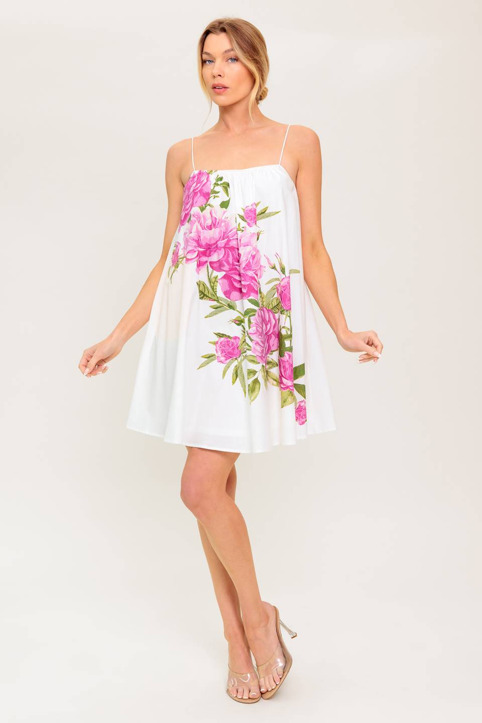 GARDEN WHISPERS PINK FLORAL WOVEN MINI DRESS Flying Tomato